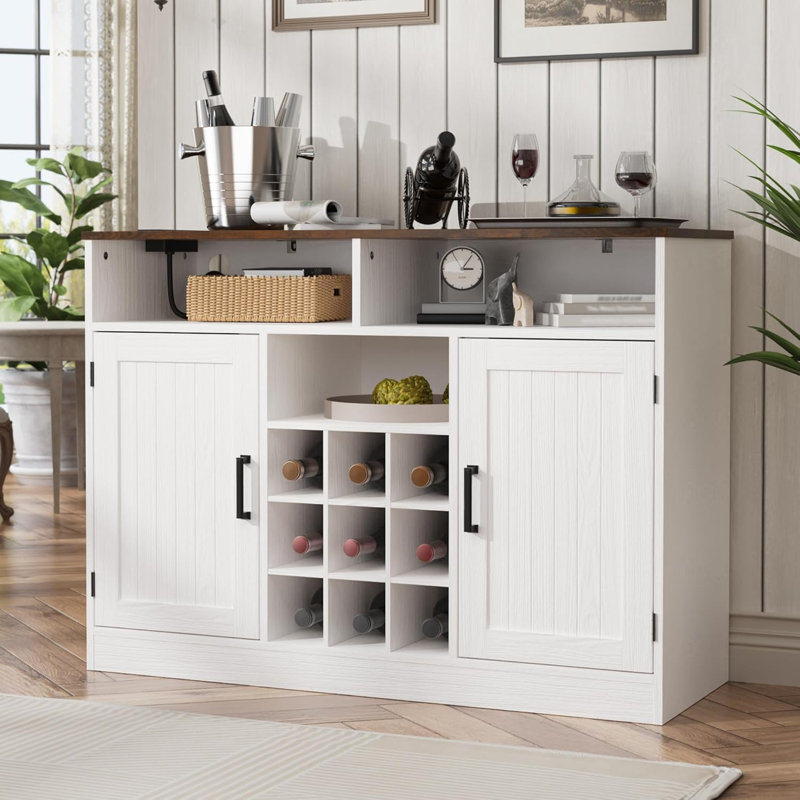Farmhouse Buffet Cabinet With Prower Outlets, Rustic Sideboard Buffet With Wine Rack, Wooden Buffet Table For Dining Room, Antique White