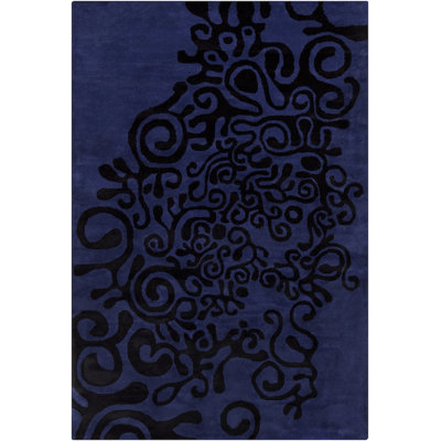 Ailey Authentic Hand-Tufted Handmade Black Abstract Design on Blue Wool Modern & Contemporary Area Rug