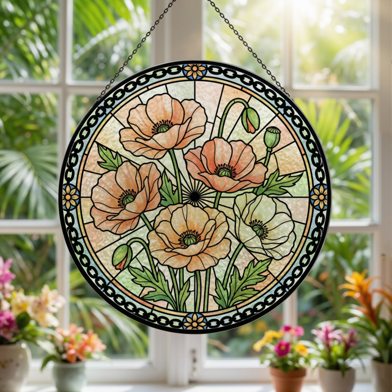 12"H Poppy Floral Stained Glass Window Panel, 12" H x 12" W