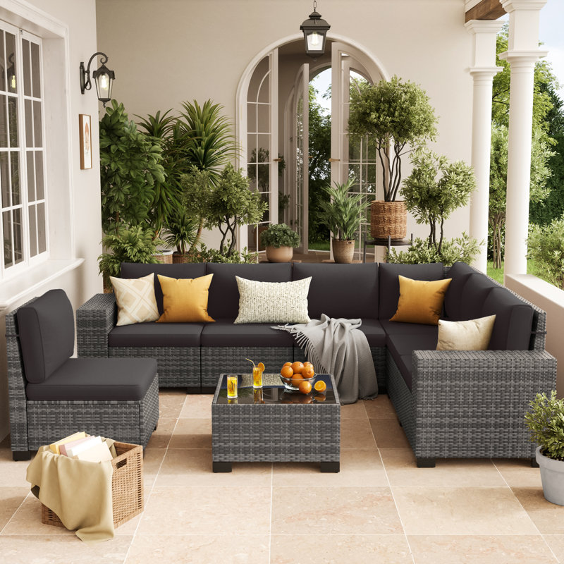 7 - Person Wicker Outdoor Modular Sectional Seating Group With Cushions, Black, Gray