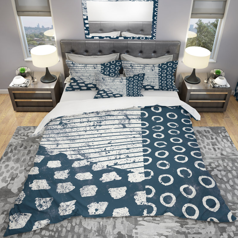 Indigo rayures and Tile - Ensemble de housse de couette moderne et transitionnel - Microfibre de polyester