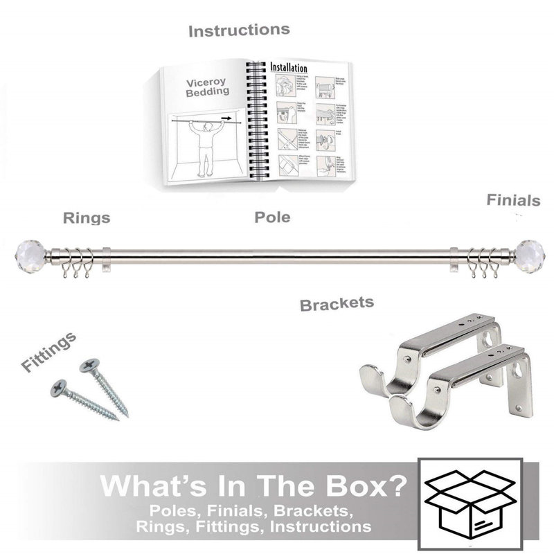 Adjustable Single Curtain Pole, 120cm W x 3cm D, Nickel