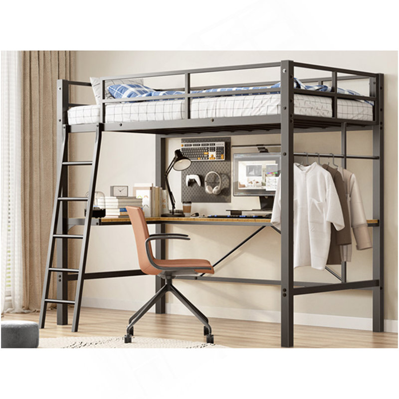 Lit mezzanine simple avec bureau en forme de L, base de lit mezzanine pour station de charge, échelle de sécurité, sans sommier, noir