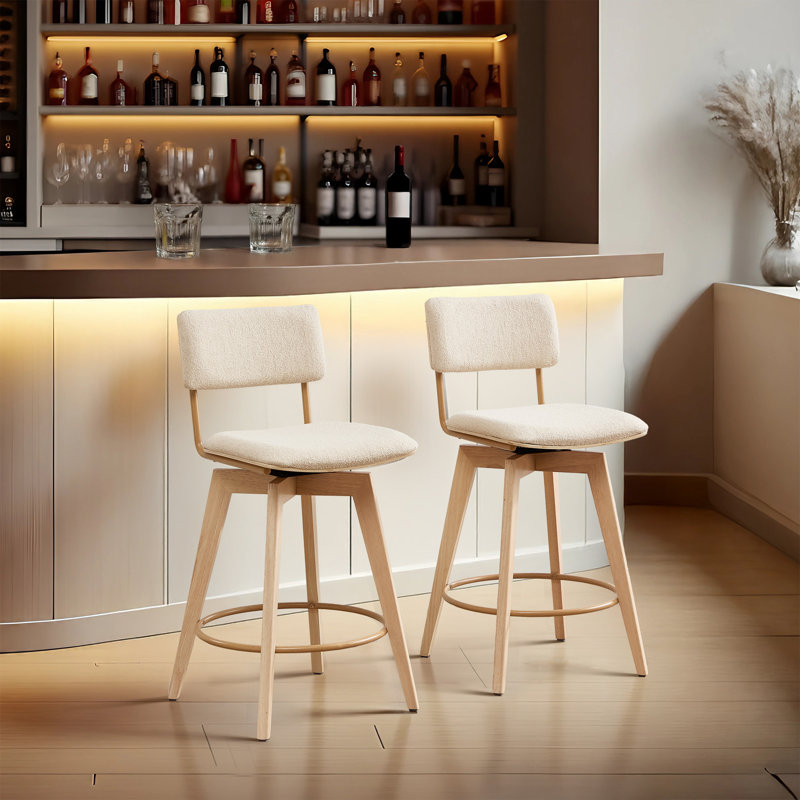  Ashwell 26" Mid-Century Modern Linen Upholstered Swivel Counter Stools with Curved Seat and Back, Natural