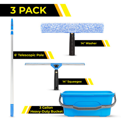 Pro Window Washing Kit with with 14" Squeegee, 14" Washer, 6' Telescopic Pole and 3 Gallon Heavy-Duty Bucket, 3 Pack