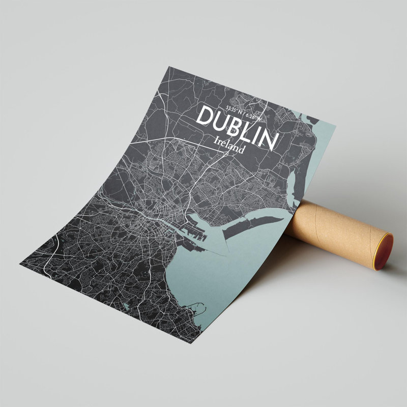 «Dublin City Map», impression de luxe, H 20 po x l 16 po, Gris / noir