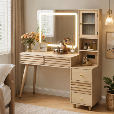 Coiffeuse de 117 cm avec miroir lumineux, 5 tiroirs, armoire en verre cannelé, étagères ouvertes, prise électrique et pieds en hévéa massif, couleur naturelle
