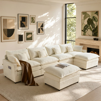 142" 6-Person L-Shaped Sectional Sofa with 2 Movable Ottomans, 26" Deep Seat Chenille Upholstery and 4 Throw Pillows