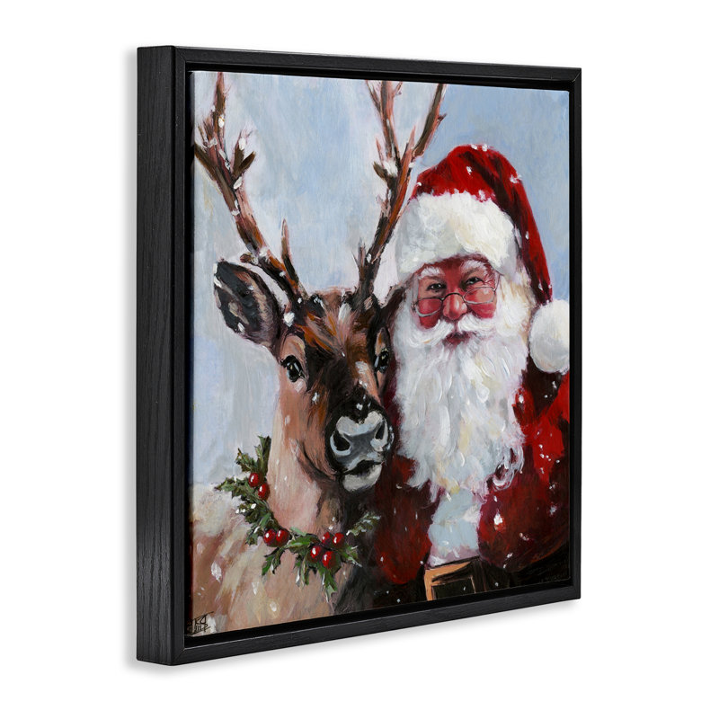 Cadre flottant Rosy Cheeked Santa & Reindeer, design par Sara Culpepper, Cadre flottant noir de jais, H 18 po x l 18 po
