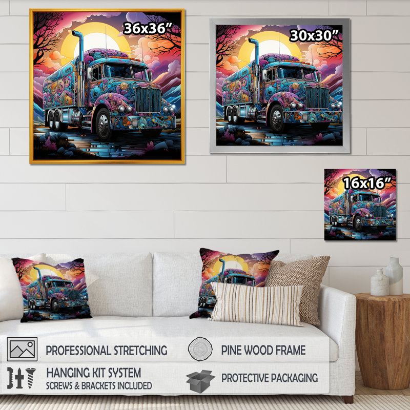 «Fantasy Truck Adventure» sur toile, Cadre simple noir, H 16 po x l 16 po x P 1 po