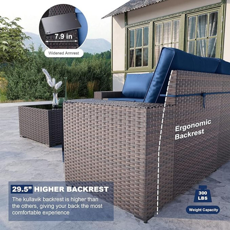 Ensemble modulaire en rotin 12 pièces avec coussins et table en verre trempé Dawes, Marine