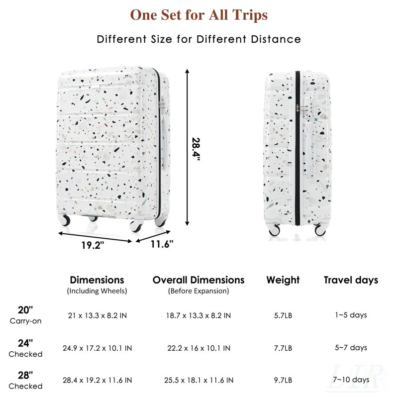 Ensemble de 3 valises durables en ABS + PC avec port USB, bagage à main de 20 pouces et roulettes pivotantes pour un transport facile
