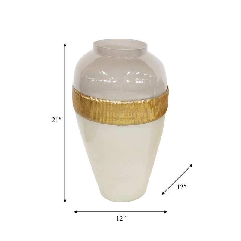 Decorative Glass Vase with Textured Metal Band Accent for Home Decor - Talll Flower Vase Design Feature for Living Room Table Style - 21", White & Gold