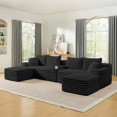 127" Cloud Couch Sectional, Modular Sofa with Cup Holder, 2 Ottoman and USB Ports, Corduroy U Shaped Boneless Sofas, Couch in a Box, No Assembly Requi
