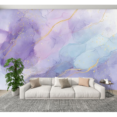 Peel and Stick Wallpaper Violet cyan blue liquid watercolor golden stains Teal mauve purple Wall Murals 100"H x 144"W Removable PVC Wall Paper Self-Adhesive Wall Decor for Bedroom Living Room Home Office