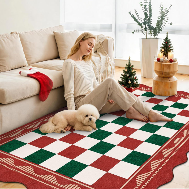 Tapis de Noël à carreaux avec bordure ondulée festonnée, Poinsettia, 4*6ft