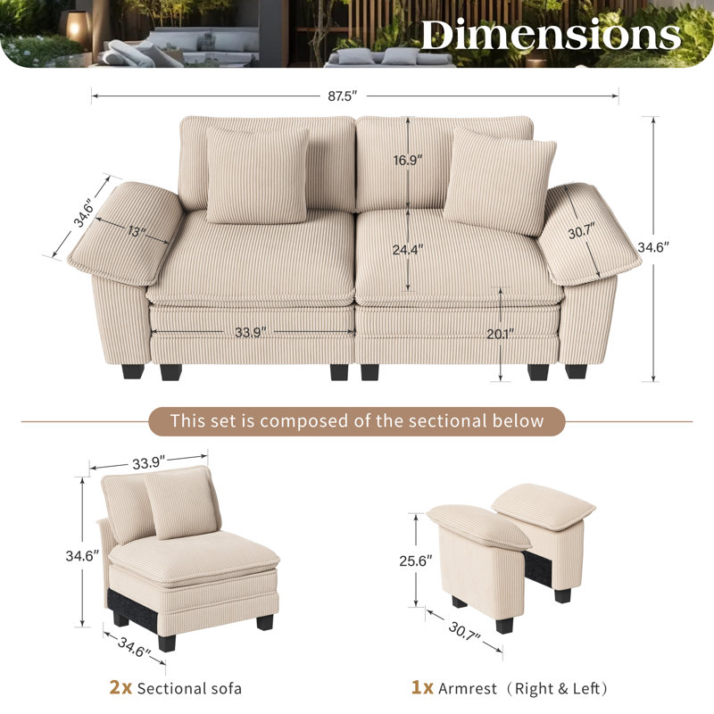2 Seater Chenille Sofa & Chaise, Beige Corduroy