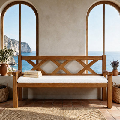 55.1" Solid Wood Dining Bench with Backrest & Cushioned Seat, Farmhouse X-Back Bench for Kitchen, Entryway