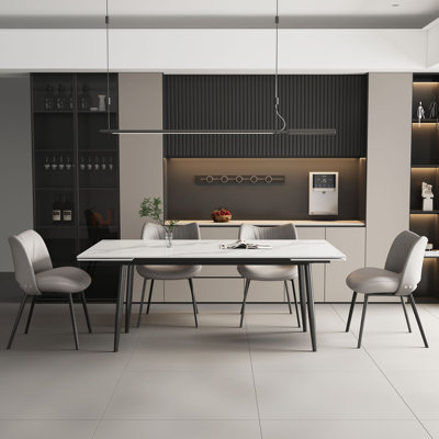 160 to 240cm Expanding Dining Table, Gloss White with Marble Look for Open Plan Kitchen Diner（Without chairs）