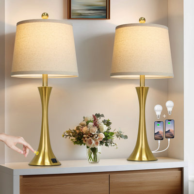 Modern Gold Table Lamps with USB-C Ports, Touch Control, 27.5" Height, Oatmeal Fabric Shade