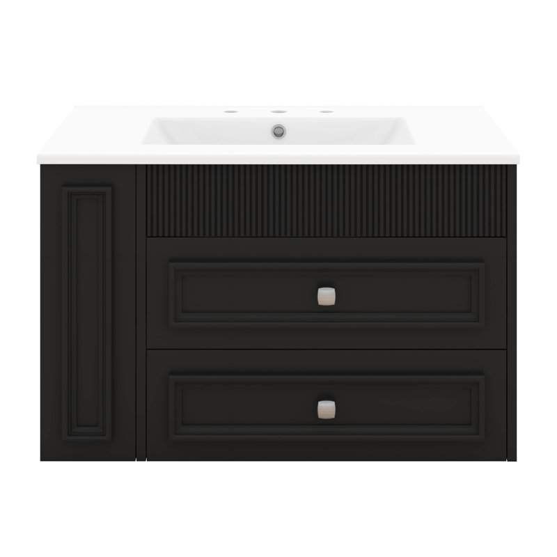 Meuble-lavabo mural 30 po, meuble-lavabo flottant avec lavabo en céramique, armoire de rangement avec 2 tiroirs, Noir