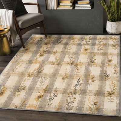 1Pcs Farmhouse Buffalo Plaid Floral Area Rug - Rustic Botanical Print, Vintage Washable Soft Thin Floor Mat, Non-Slip Backing for Living Room Bedroom Kitchen Indoor Use for home detor