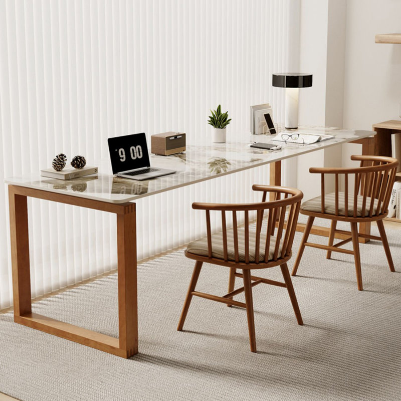 Bureau brun en pierre frittée rectangulaire et bois massif, H 29,53 po x l 62,99 po x P 23,62 po, Brun