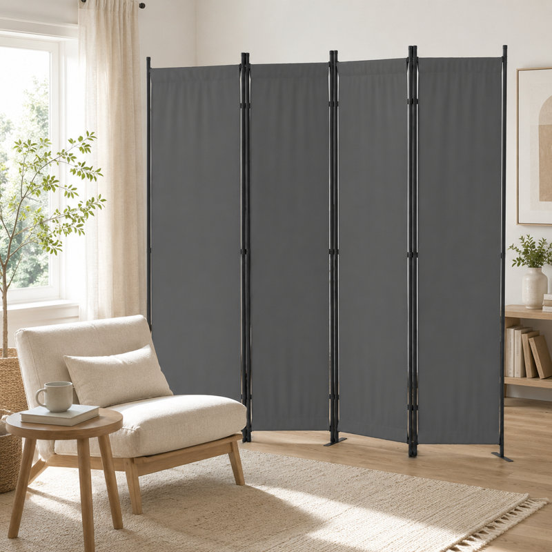 Paravent gris pliable en tissu à 4 panneaux de 6 pieds, fibre de polyester, opaque, structure en métal, portable, mobile, cloison de maison / bureau