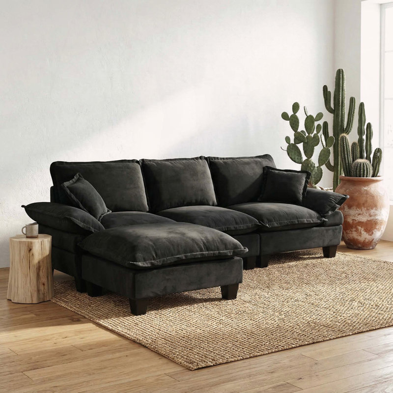 Canapé en L en forme de L avec voilier, 1 repose-pieds et 2 coussins, chenille, Noir