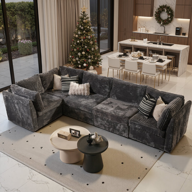 Canapé modulaire en velours côtelé 5 pièces Nathasa, Velours côtelé gris
