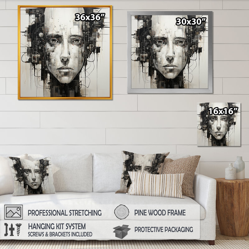 " Robotic Minimalism Portrait II ", 30" H x 30" W x 1" D, Black Floater Framed