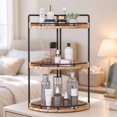 3‑Tier Half‑Moon Countertop Storage Organizer, Wooden Metal Vanity Shelf Rack, Multi‑Purpose Desktop Storage for Bathroom, Bedroom, Kitchen, Cosmetic Makeup Toiletries Spice Organizer Shelf