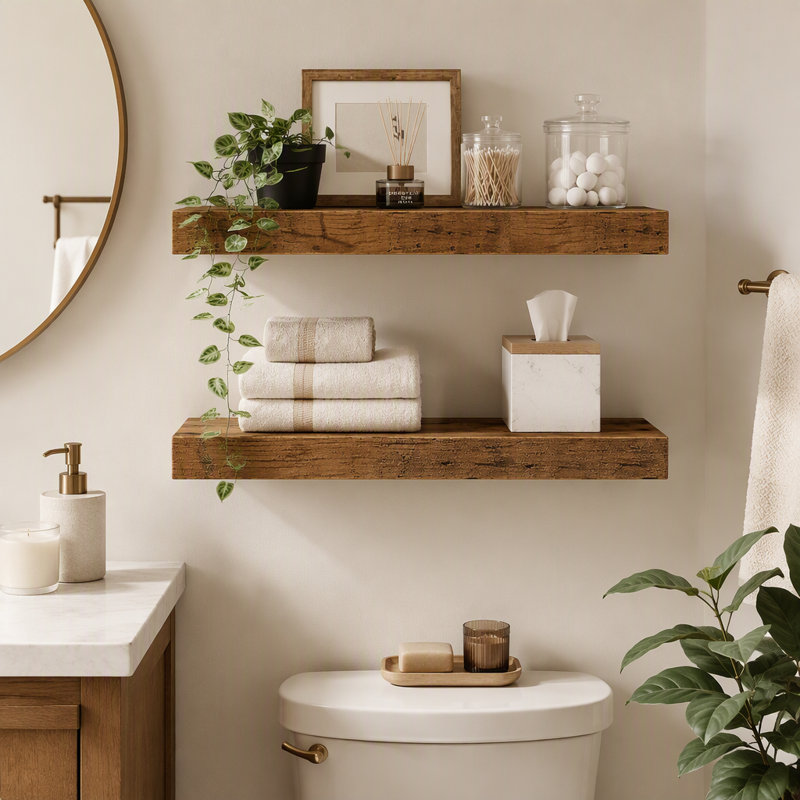 Ensemble de 2 tablettes de salle de bain flottantes pour étagère murale au-dessus de la toilette, ensemble de 2 décorations murales de style campagnard rustique brun