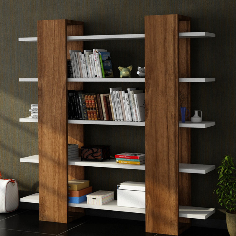 Bibliothèque moderne, finition blanche et noyer, 47,2 po x 47,2 po x 7,7 po | 100% panneau de particules enduit de mélamine, épaisseur: 0,7 pouce | Nombreuses tablettes, fixation murale, rangement supplémentaire | Décoration élégante et fonctionnelle