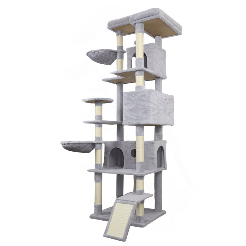 Tour pour arbre à chat 84,6 po gris clair avec base large, 3 grands condos à reliure, 11 poteaux à griffer en sisal, échelle à gratter en sisal, 2 hamacs, grande plateforme supérieure, beaucoup de perchoirs et jouet interactif