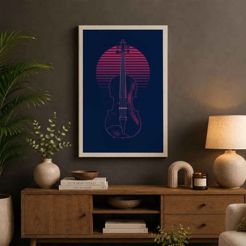 Violin with Rising Sun Modern - Wrapped Canvas, 36x24 - 91.4 x 61.0 cm, Teal Border