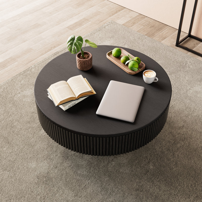 35" wide solid oak circular coffee table with solid wood and wax wood design., Noir, noir, noir, noir