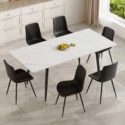 Ensemble de table de salle à manger extensible pour 4 à 8 personnes Welles, ensemble de salle à manger en bois à motif de marbre moderne avec table extensible et chaises rembourrées