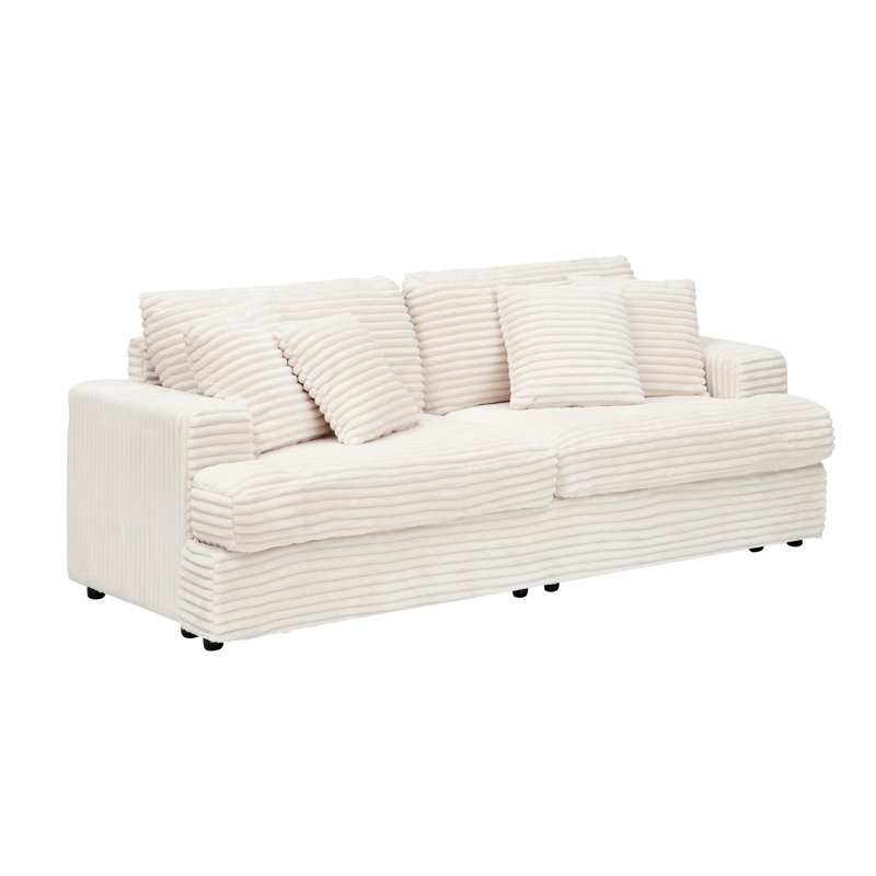 Velours côtelé blanc à 3 places avec 4 coussins décoratifs doux au toucher, longueur 90,48 po, pieds en plastique, convenant aux salons, aux pieds et aux appartements