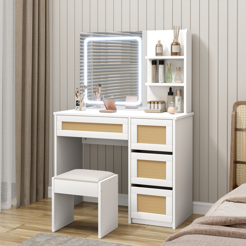 Rattan Makeup Vanity Desk With Charging Station, Vanity Desk With Mirror