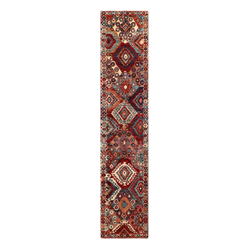 Tapis de couloir unique en laine noué à la main de qualité supérieure de 2 pi 5 po x 11 pi 9 po en rouge / bleu / orange / ivoire