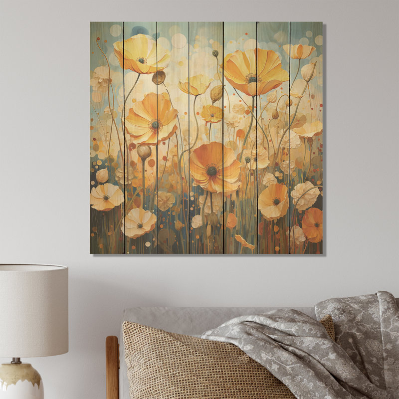 Jaune et vert Poppy Meadows II - coquelicots sur bois, H 30 po x l 30 po