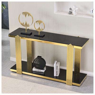 Console miroir de 140 cm avec cadre doré et plateau en verre trempé noir, meuble de rangement moderne à deux niveaux pour entrée