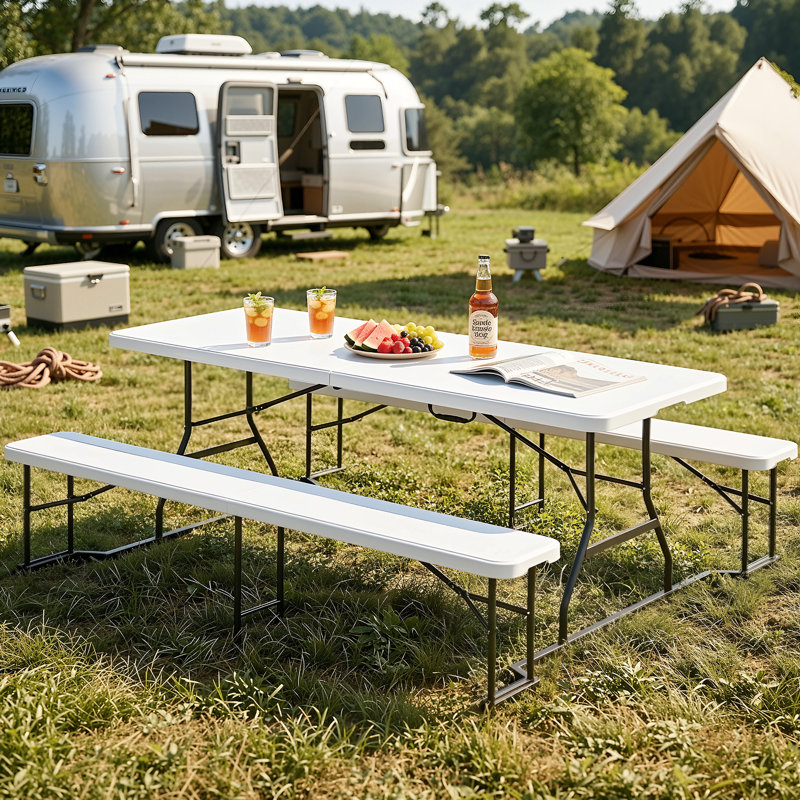 6/8-Person Long Wood-grain Picnic Table Set Outdoor Dining Set, White, 29" H x 71" L x 29" W