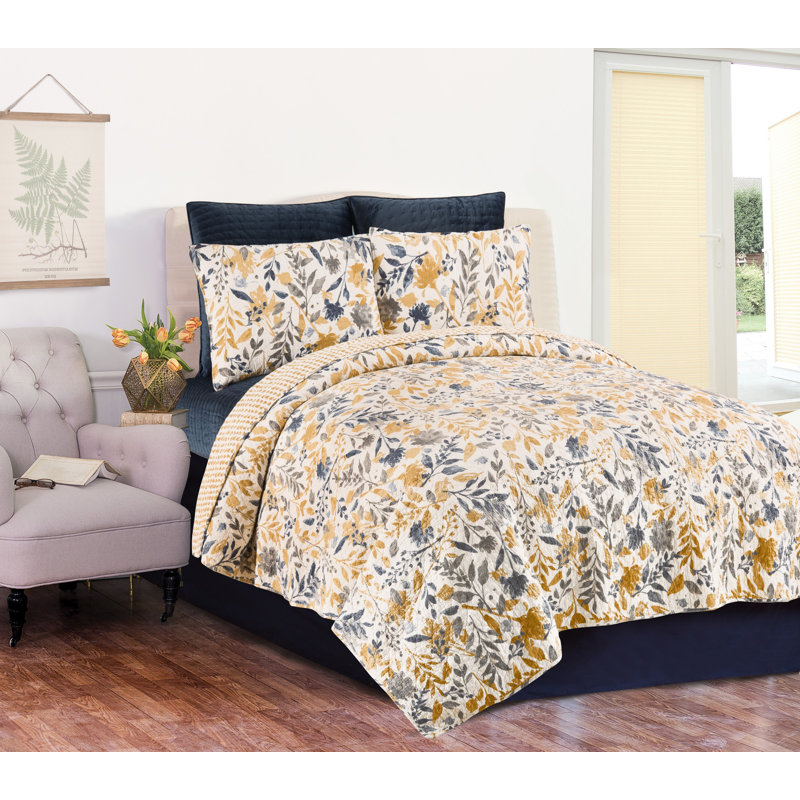 King Blue and Yellow Cotton Reversible Quilt Set