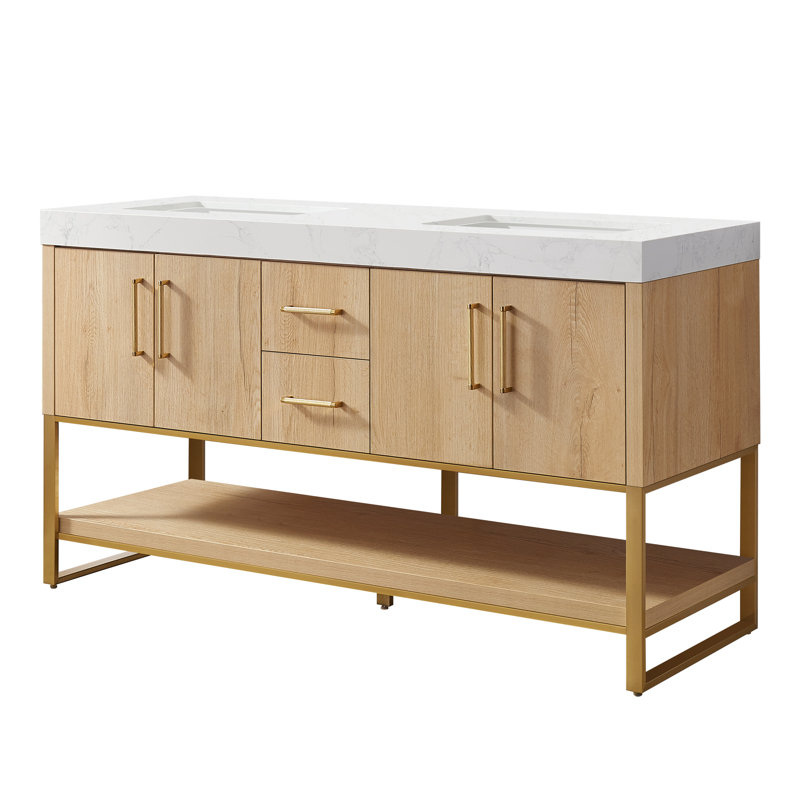 Meuble-lavabo double Cataleya, 60", Doré / chêne