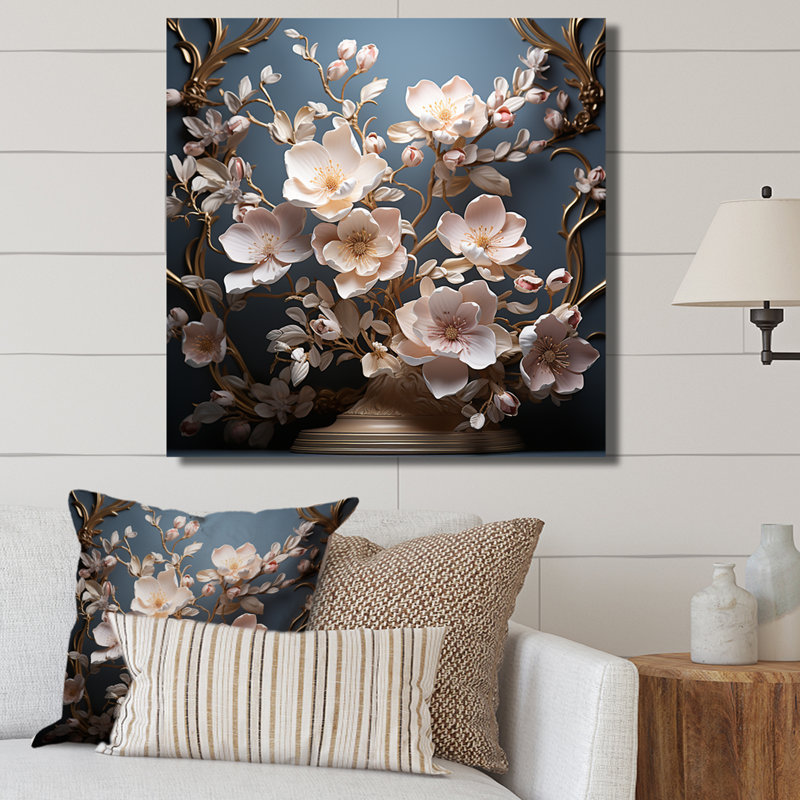 Magnolias ornés d'accents dorés sur toile, Toile tendue, H 24 po x l 24 po x P 1 po