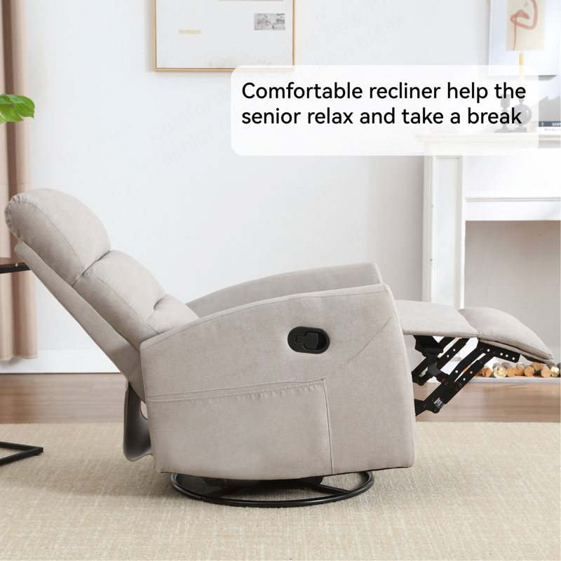 Manual Recliner Chair With Rocker And Swivel In Fabric For Living Room, Khaki