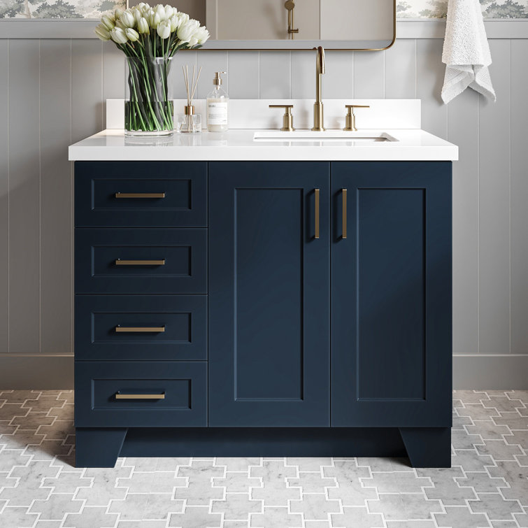 Freitas 42'' Solid Wood Single Bathroom Vanity with 1.5'' White Quartz Top, Right Offset Rectangular Sink