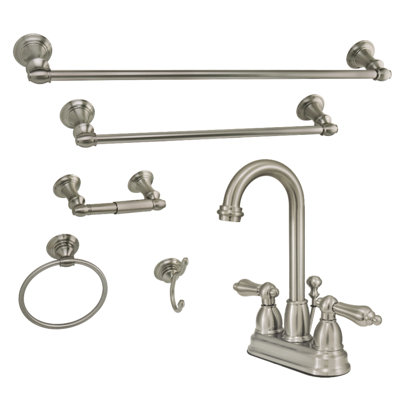 Kingston Brass Two-Handle 3-Hole Deck Mount 4" Centerset Bathroom Faucet with 5-Piece Bathroom Accessories